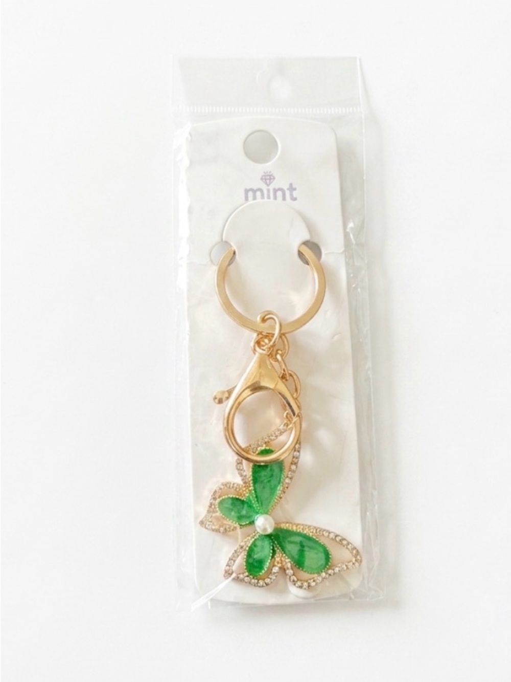 Mint Gold Butterfly Keyring with Green Enamel & Pearl Accent